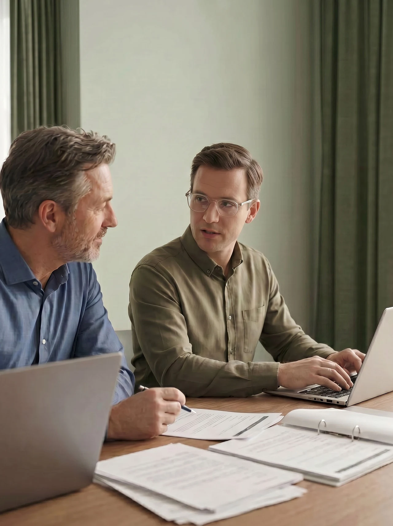Two people talking at a table with documents — mediation at Sumia