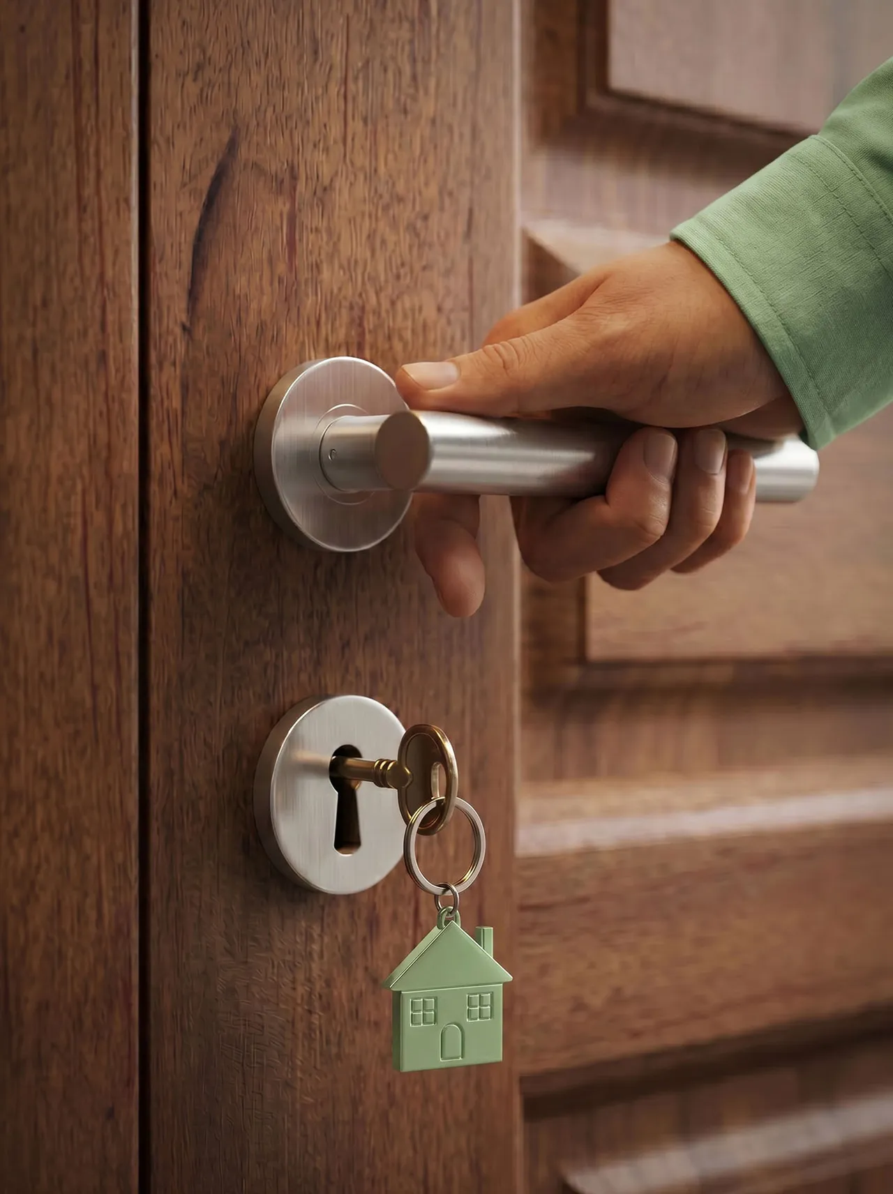 A hand opening an apartment door with a key and a green house-shaped tag